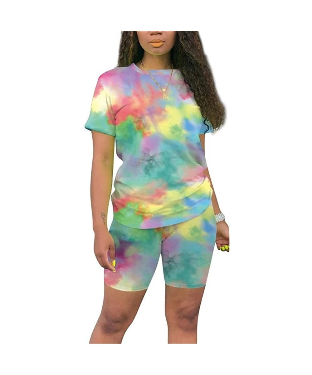 One-Pieces Women's Summer 2 Piece Shorts Outfits Tie Dyed Club Short Sleeves T Shirts + Short Joggers Tracksuits Set 101 Tied...