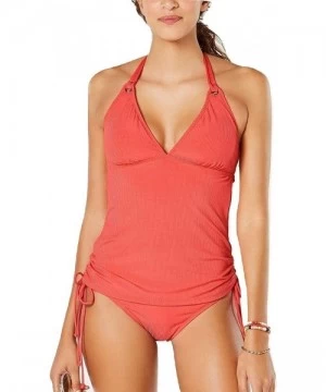 Tops Juniors' Shimmer Rib Halter Tankini Top Red Medium - C11958UXRGZ