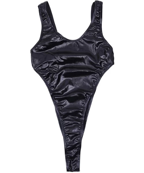 Racing Women's Shiny Metallic Swimsuit Bodysuit Hight Cut Teddy Thong Lingerie Leotard - Black - CU186S0C86R