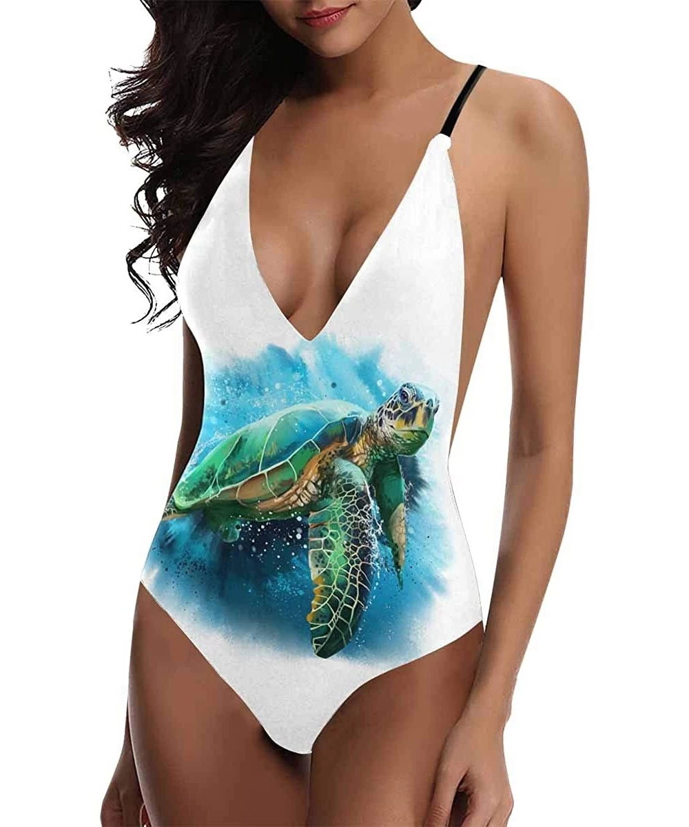 One-Pieces Sea Turtle Dolphin Sea Life V-Neck Women Lacing Backless One-Piece Swimsuit Bathing Suit XS-3XL - Design 7 - CL18S...