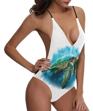 One-Pieces Sea Turtle Dolphin Sea Life V-Neck Women Lacing Backless One-Piece Swimsuit Bathing Suit XS-3XL - Design 7 - CL18S...