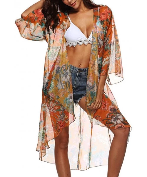 Cover-Ups Womens 3/4 Sleeve Floral Print Swimsuit Cover Up Long Open Kimono Cardigan - Orange - CF18N78HUHY