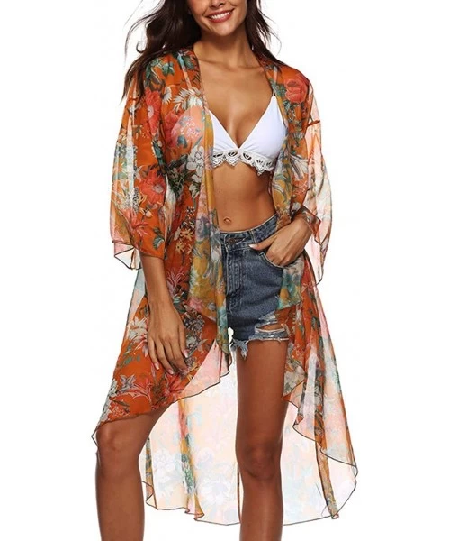 Cover-Ups Womens 3/4 Sleeve Floral Print Swimsuit Cover Up Long Open Kimono Cardigan - Orange - CF18N78HUHY