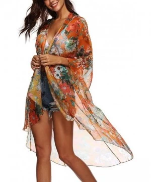 Cover-Ups Womens 3/4 Sleeve Floral Print Swimsuit Cover Up Long Open Kimono Cardigan - Orange - CF18N78HUHY