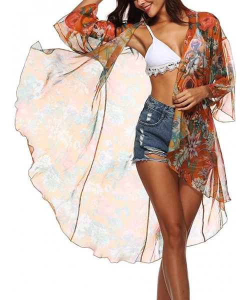 Cover-Ups Womens 3/4 Sleeve Floral Print Swimsuit Cover Up Long Open Kimono Cardigan - Orange - CF18N78HUHY