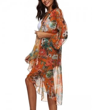 Cover-Ups Womens 3/4 Sleeve Floral Print Swimsuit Cover Up Long Open Kimono Cardigan - Orange - CF18N78HUHY