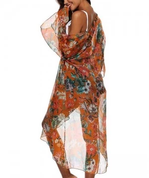 Cover-Ups Womens 3/4 Sleeve Floral Print Swimsuit Cover Up Long Open Kimono Cardigan - Orange - CF18N78HUHY