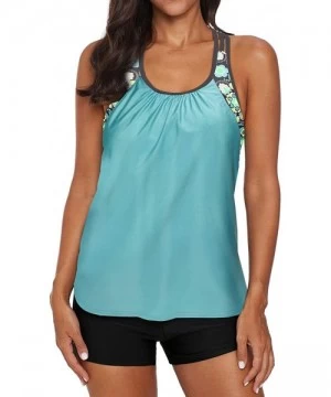 Sets Womens Blouson Strappy T-Back Push Up Tankini Top Swimsuits with Shorts - Mint Green - CB195N46WUY