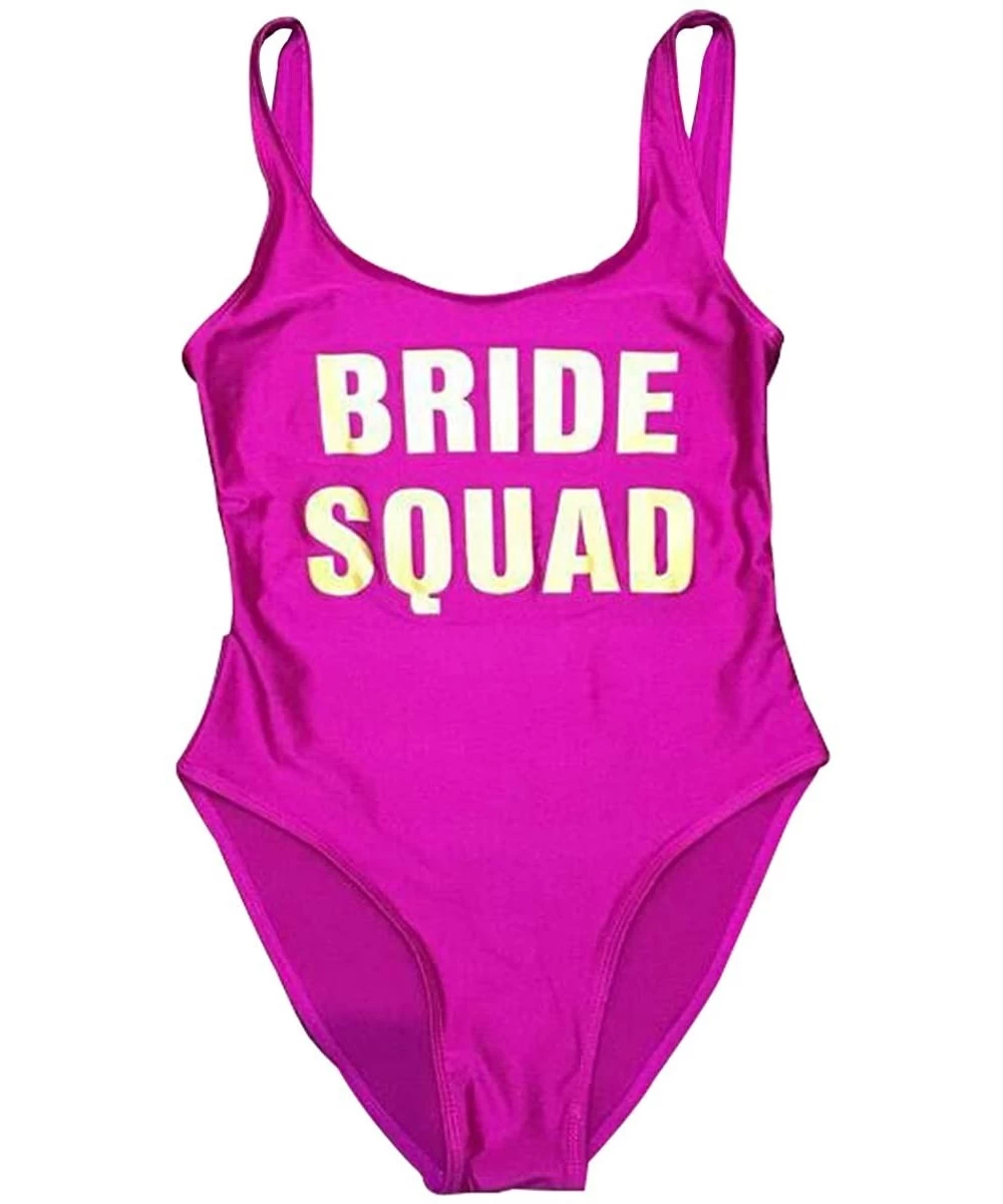 One-Pieces Womens Sexy One Piece Fashion Bride Squad Letter Print High Cut and Low Back Monokini Swimsuit - Purple - CC18MGDUR2Z