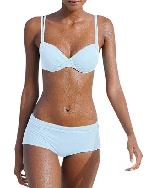 Sets Women's Swimwear Plain Padded Tankini Set Sporty with Boy Shorts Bikini Two Piece Swimsuit Bathing Suit - White - C11954...