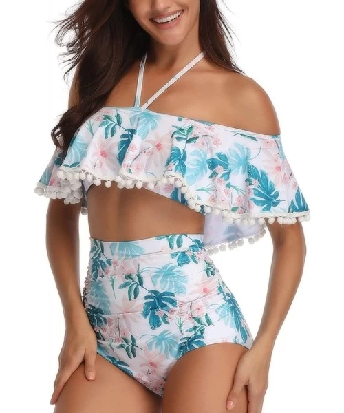 Sets Women's High Neck Two Piece Bathing Suits Top Ruffled High Waist Swimsuit Tankini Bikini Sets - Green-tassel - CC18RGXC7GQ