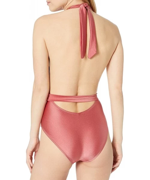 One-Pieces Women's Plunge Halter Sexy One Piece Swimsuit - Pink - CX18ZQ098I7