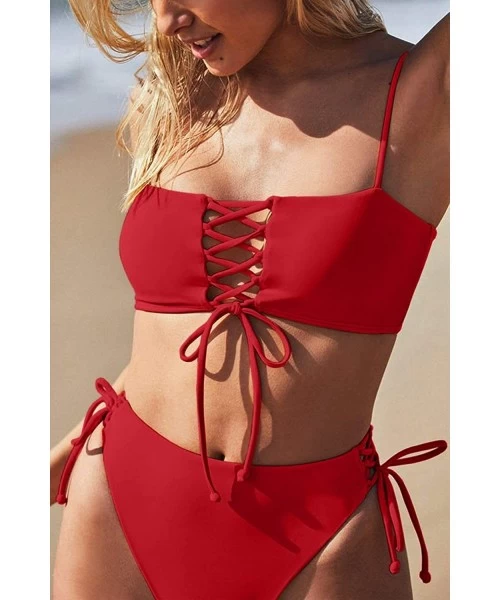 Sets Women's Sexy Lace-Up Beandeau High Wasited Bikini Set 2PCS Swimsuits - Red - CY18QT24AKK