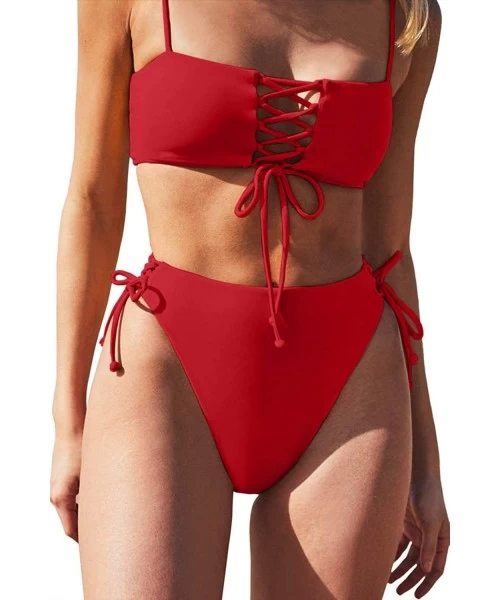 Sets Women's Sexy Lace-Up Beandeau High Wasited Bikini Set 2PCS Swimsuits - Red - CY18QT24AKK