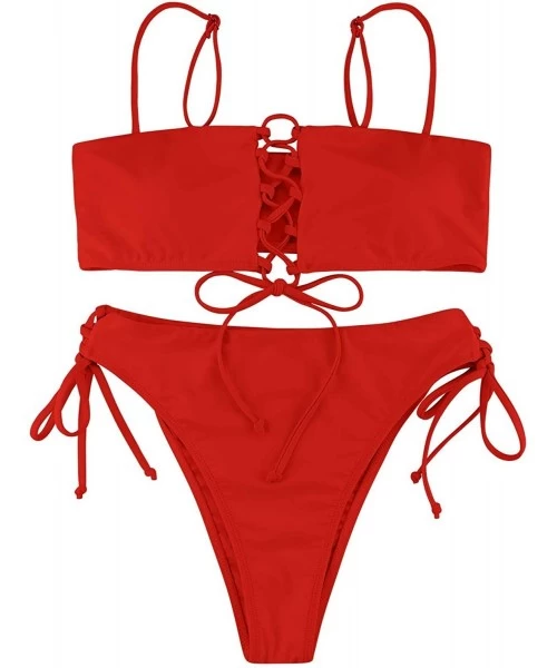 Sets Women's Sexy Lace-Up Beandeau High Wasited Bikini Set 2PCS Swimsuits - Red - CY18QT24AKK