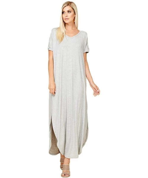 Cover-Ups Women's Long Split Maxi Dress Casual Loose V Neck Short Sleeve Beach with Pockets - Heather Grey - C418H2L4RMD