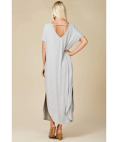 Cover-Ups Women's Long Split Maxi Dress Casual Loose V Neck Short Sleeve Beach with Pockets - Heather Grey - C418H2L4RMD