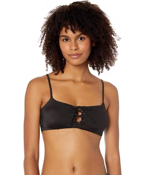 Tops Women's Solid Shimmer Lace-Up Bikini Top - Black - C418CD6ST5O