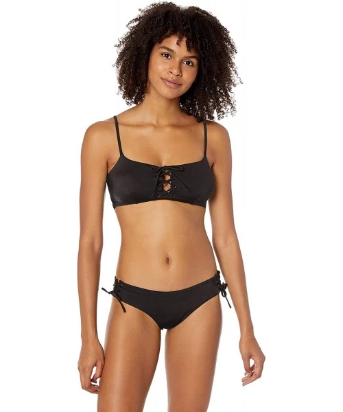 Tops Women's Solid Shimmer Lace-Up Bikini Top - Black - C418CD6ST5O