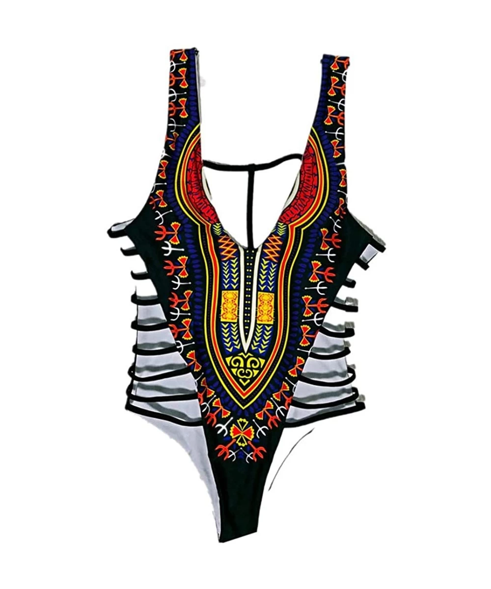 One-Pieces Bikini Swimsuit Retro Women Bandage One Piece Bikini African Print Monokini Push Up Padded Bra Swimwear D black - ...