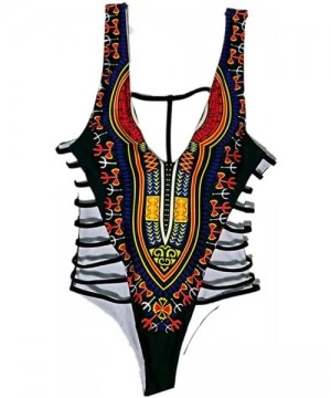 One-Pieces Bikini Swimsuit Retro Women Bandage One Piece Bikini African Print Monokini Push Up Padded Bra Swimwear D black - ...