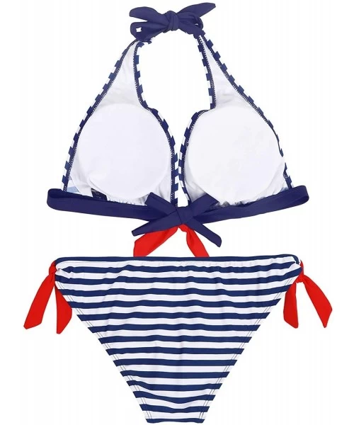 Sets Bikini Swimsuits for Women Criss Cross Halter Swimwear Tummy Comtrol Bathing Suits High Waited Bikini Set - Stripe-blue-...