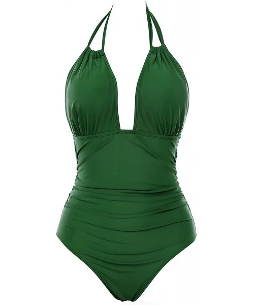 One-Pieces Women One Piece Swimsuit Tummy Control Swimwear V Neck Bathing Suit - Z-green - CD1859D5M27