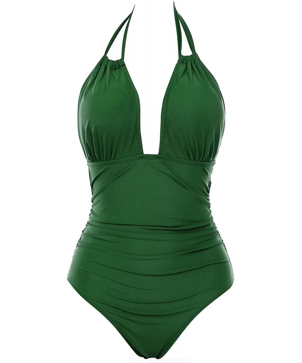 One-Pieces Women One Piece Swimsuit Tummy Control Swimwear V Neck Bathing Suit - Z-green - CD1859D5M27