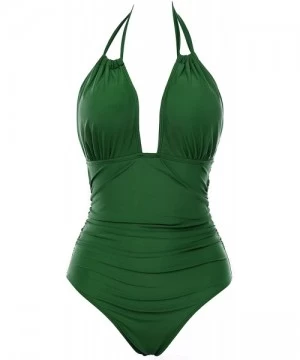 One-Pieces Women One Piece Swimsuit Tummy Control Swimwear V Neck Bathing Suit - Z-green - CD1859D5M27