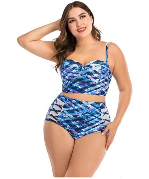 Tankinis Plus Size Womens High-Waisted Bikini Set Two Pieces Beach Swimwear Bathing Suit Swimsuits - 015 Blue - CW194E342IW