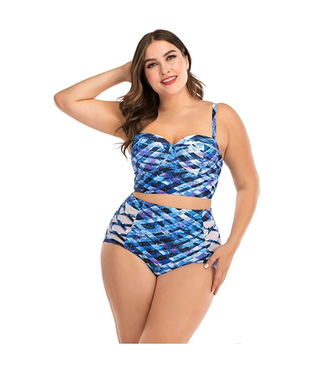 Tankinis Plus Size Womens High-Waisted Bikini Set Two Pieces Beach Swimwear Bathing Suit Swimsuits - 015 Blue - CW194E342IW