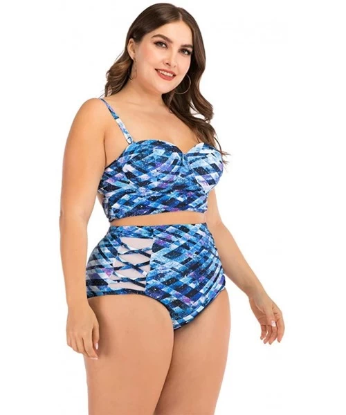 Tankinis Plus Size Womens High-Waisted Bikini Set Two Pieces Beach Swimwear Bathing Suit Swimsuits - 015 Blue - CW194E342IW