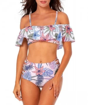 Sets Women One Piece Flounce Swimsuit Vintage Printed Off Shoulder Flounce Ruffled Swimwear Bathing Suit - Flower 12 - C218T8...