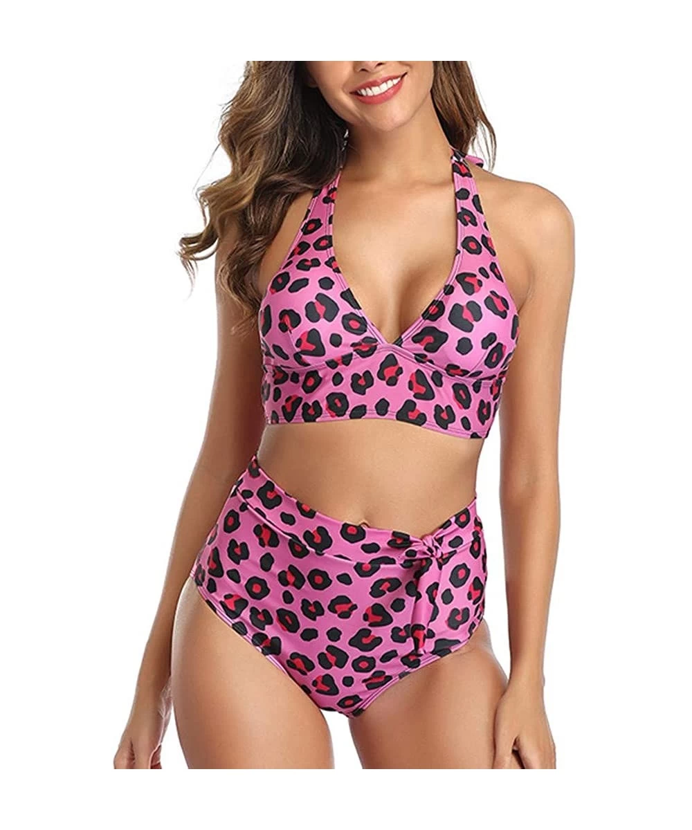 Sets Women Leopard Printed Triangle High Waisted Two Piece Bikini Set Bathing Suit V Neck Bikini 2 Pieces Swimsuits Pink - C8...