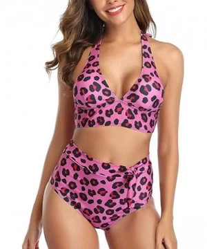 Sets Women Leopard Printed Triangle High Waisted Two Piece Bikini Set Bathing Suit V Neck Bikini 2 Pieces Swimsuits Pink - C8...