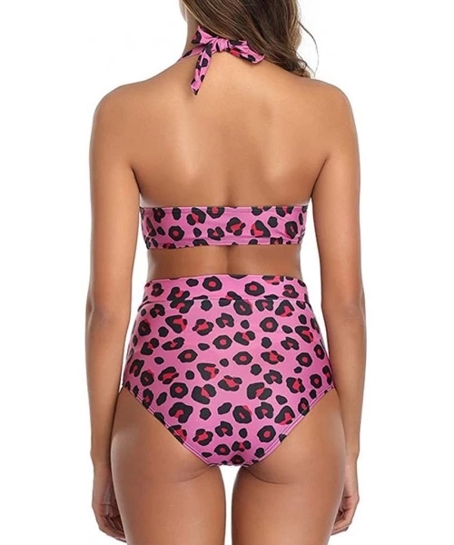 Sets Women Leopard Printed Triangle High Waisted Two Piece Bikini Set Bathing Suit V Neck Bikini 2 Pieces Swimsuits Pink - C8...