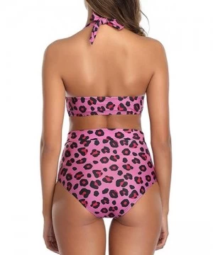 Sets Women Leopard Printed Triangle High Waisted Two Piece Bikini Set Bathing Suit V Neck Bikini 2 Pieces Swimsuits Pink - C8...