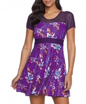 Tops Women's Large Size Floral Print One Piece Swim Dress Skirt Swimsuit S-5XL - Purple - CL194S2GO6L