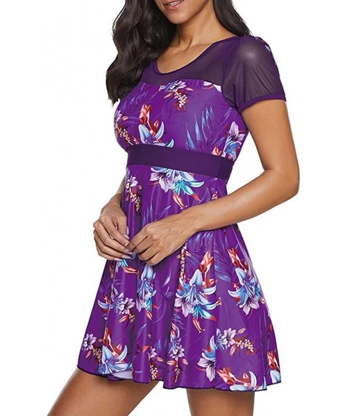 Tops Women's Large Size Floral Print One Piece Swim Dress Skirt Swimsuit S-5XL - Purple - CL194S2GO6L