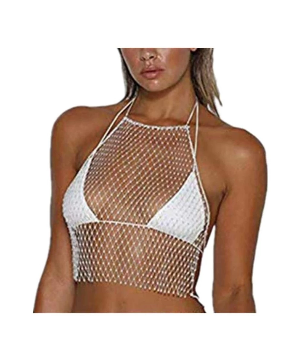 Cover-Ups Sexy Women Mesh See Through Rhinestone Fishnet Mini Skirts Beach Wrap Cover Up for Swimwear - Tops and Bottom - Swi...