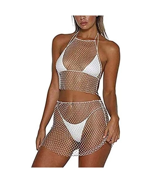 Cover-Ups Sexy Women Mesh See Through Rhinestone Fishnet Mini Skirts Beach Wrap Cover Up for Swimwear - Tops and Bottom - Swi...