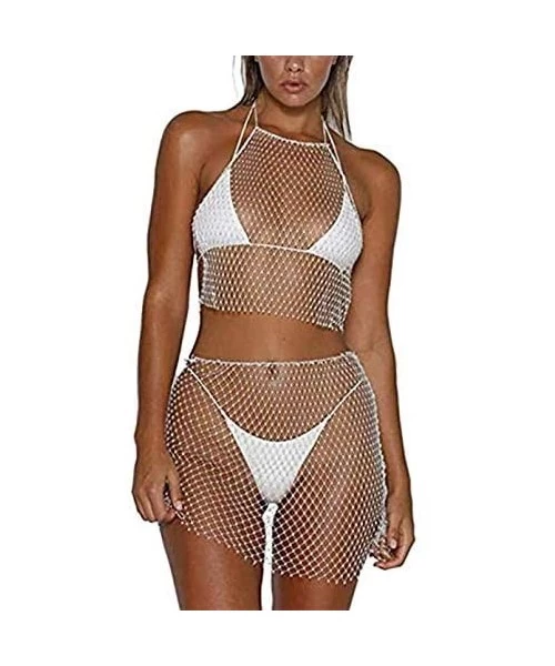 Cover-Ups Sexy Women Mesh See Through Rhinestone Fishnet Mini Skirts Beach Wrap Cover Up for Swimwear - Tops and Bottom - Swi...