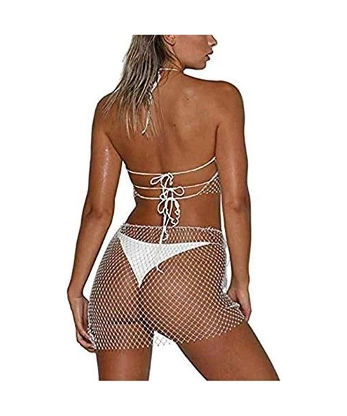 Cover-Ups Sexy Women Mesh See Through Rhinestone Fishnet Mini Skirts Beach Wrap Cover Up for Swimwear - Tops and Bottom - Swi...