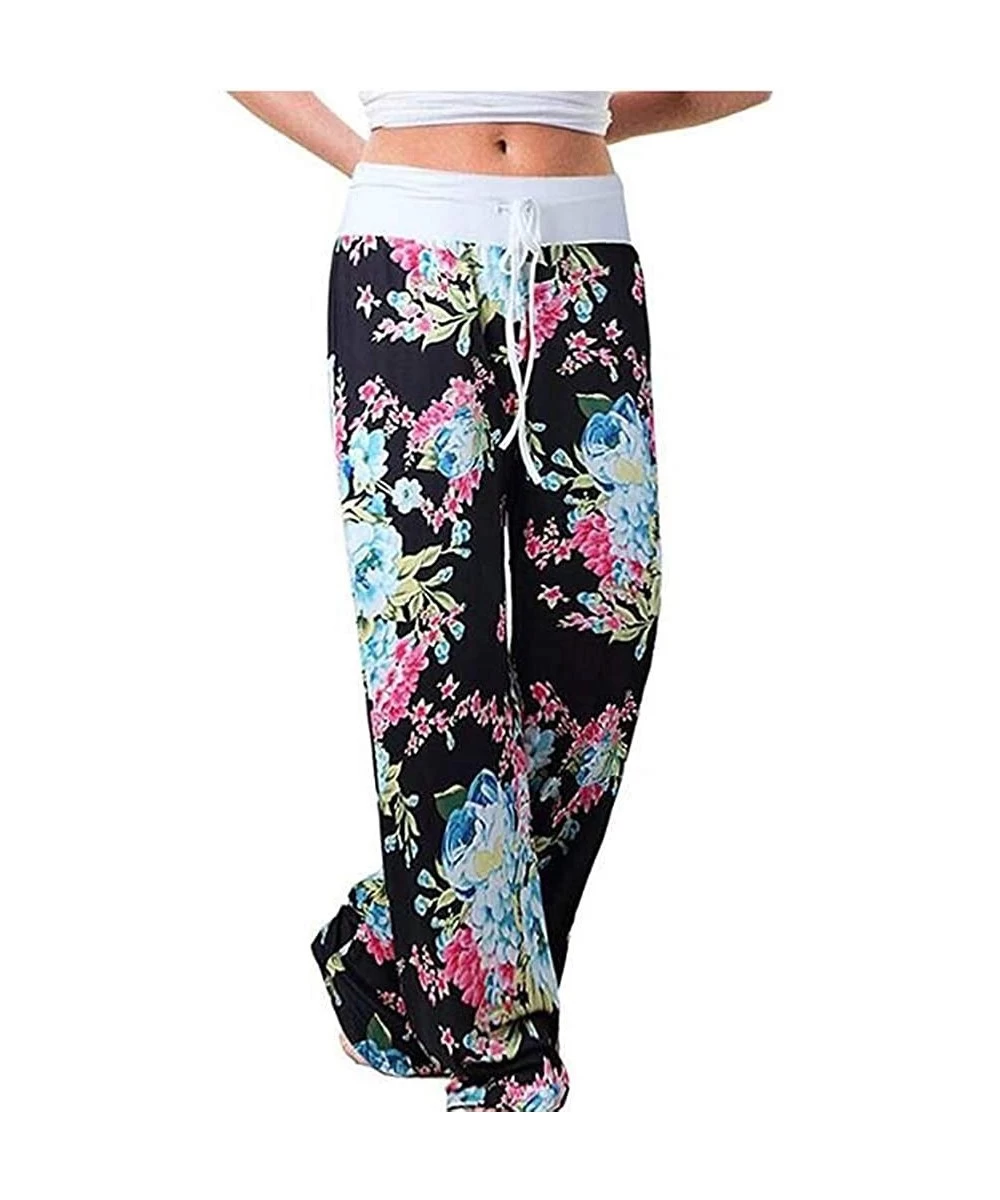 Board Shorts Women's Comfy Casual Pajama Pants Floral Print Drawstring Palazzo Lounge Pants Wide Leg - K-black - CN1947I2RHC