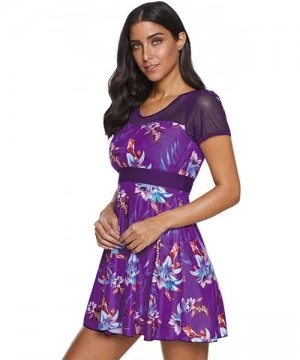 Tops Women's Large Size Floral Print One Piece Swim Dress Skirt Swimsuit S-5XL - Purple - CL194S2GO6L