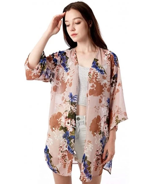 Cover-Ups Womens Summer Tops Kimono Cardigans Floral Print Loose Blouse Beach Cover Up - Brown - CS18SIO3ISK