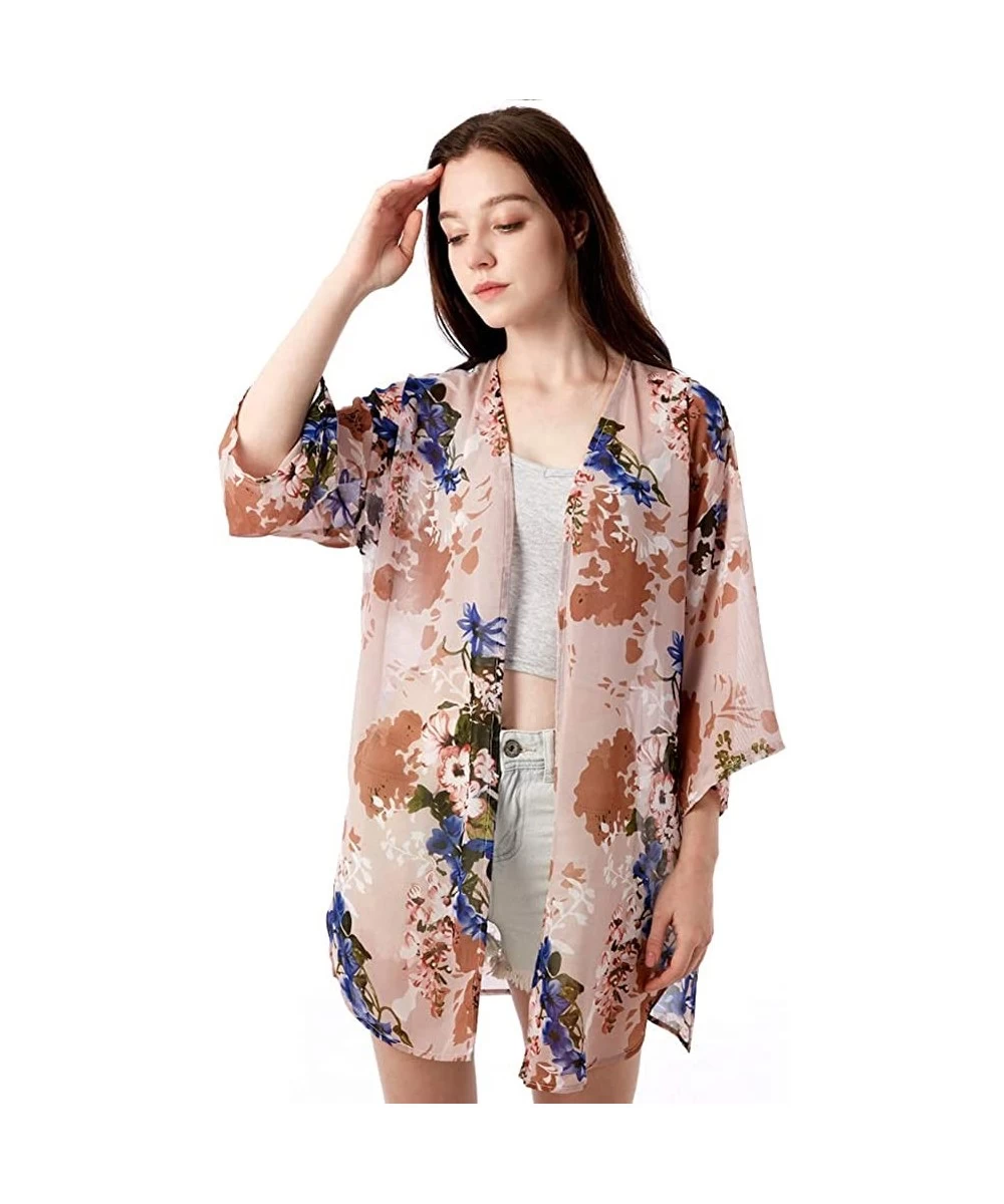 Cover-Ups Womens Summer Tops Kimono Cardigans Floral Print Loose Blouse Beach Cover Up - Brown - CS18SIO3ISK