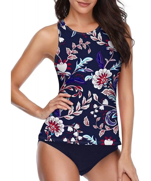 Sets Women Tankini Swimsuit High Neck Halter Tummy Control Two Piece Bathing Suit - Dark Purple-floral - C8193WR0U86