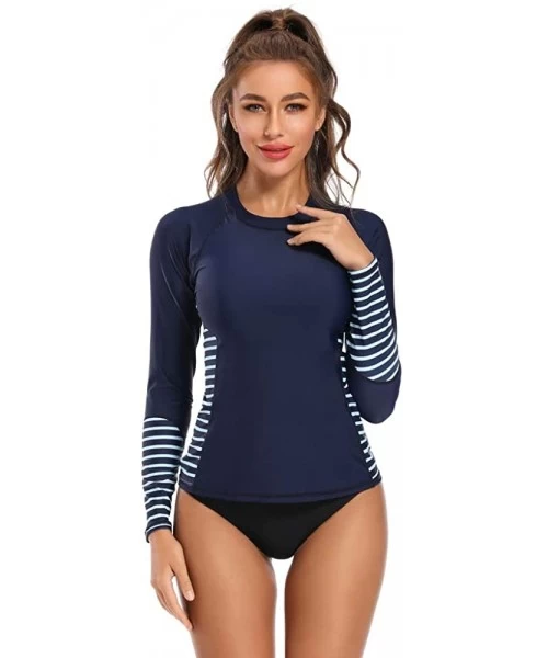 Rash Guards Women's Long Sleeve Rash Guard UV UPF 50+ Sun Protection Swim Shirts Surf Swimsuit Tops - Dark Blue - CN196YT490K