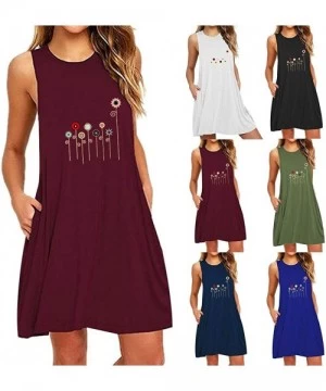 Cover-Ups Dresses for Women Casual Summer Sleeveless Pockets Casual Swing T Shirt Dress Flower Tank Dress Beach Cover up Wine...